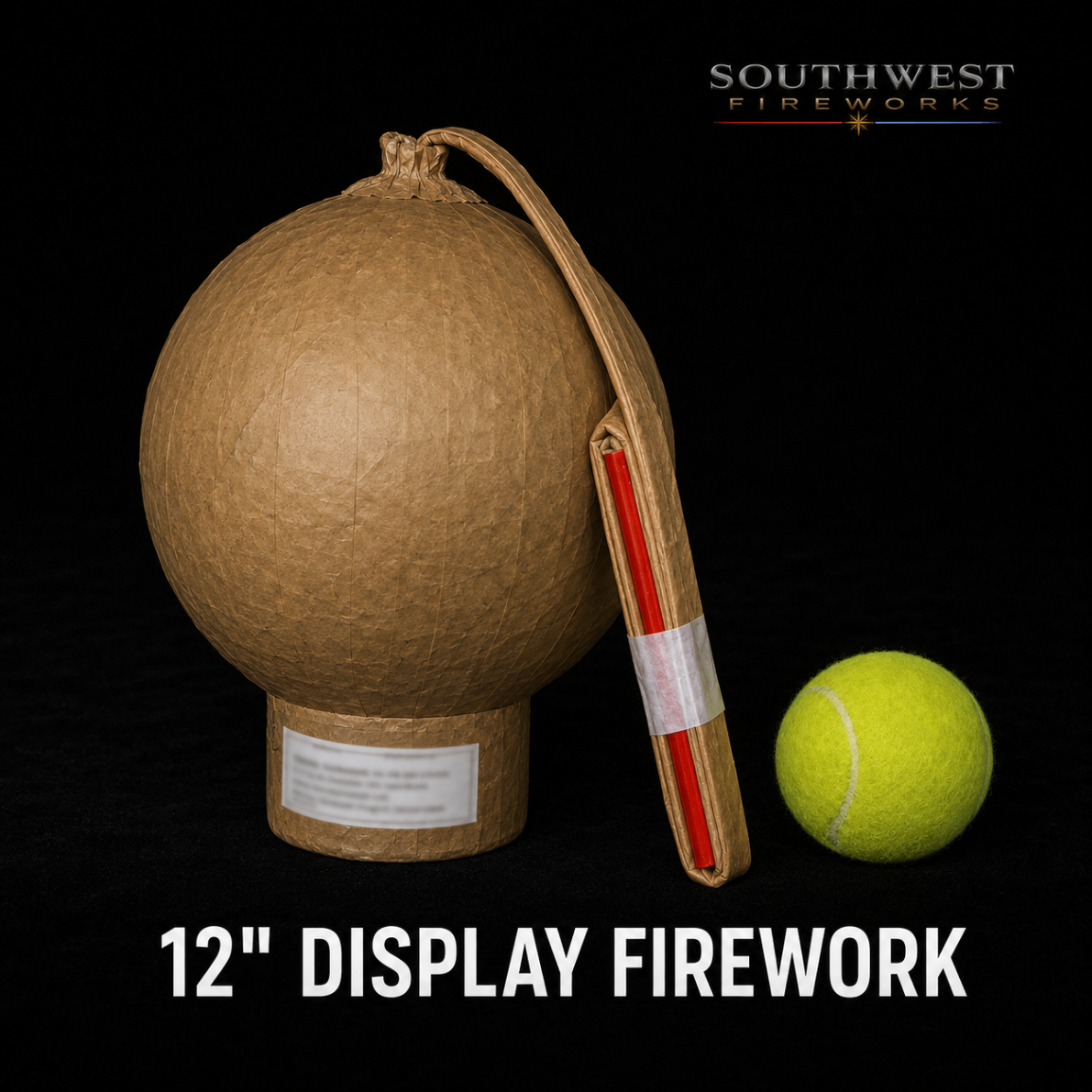 12" professional display fireworks shell shown next to a tennis ball for scale