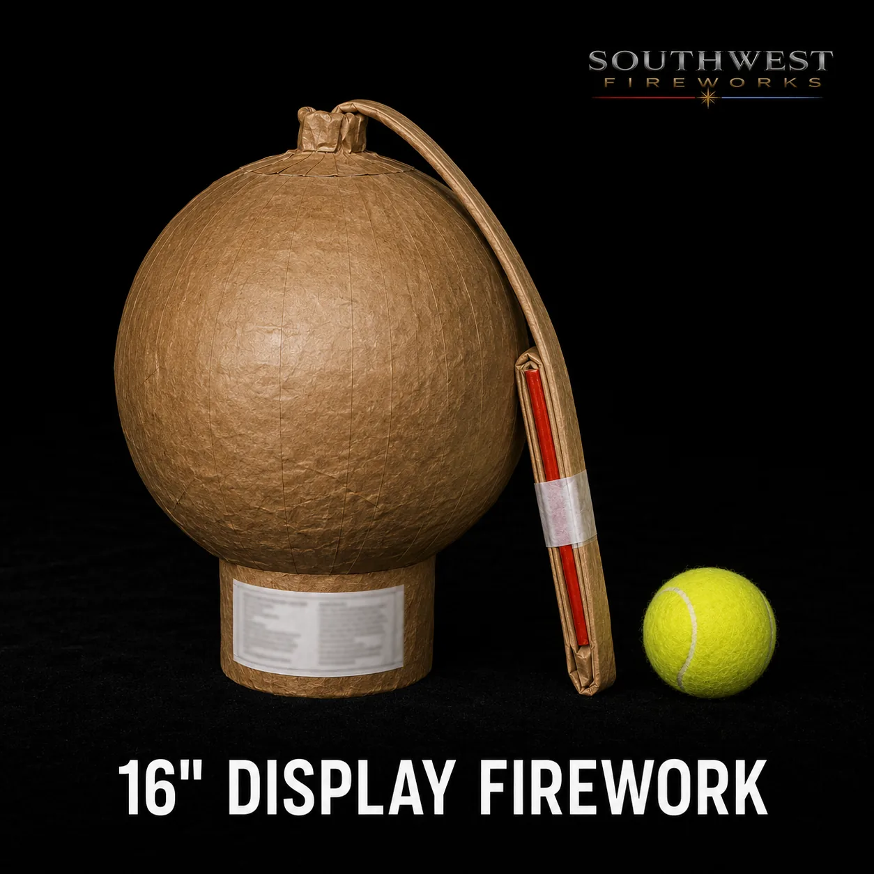16" professional display fireworks shell shown next to a tennis ball for scale