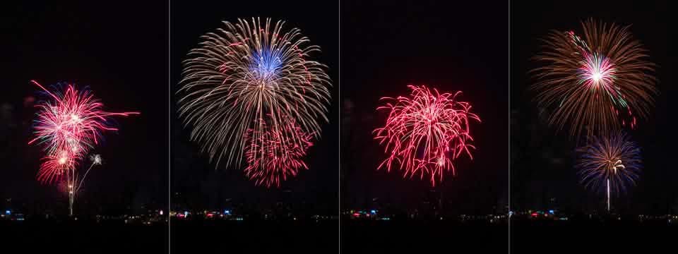 Four-panel sequence of professional aerial fireworks bursts in pink, blue, red, and gold over a distant skyline