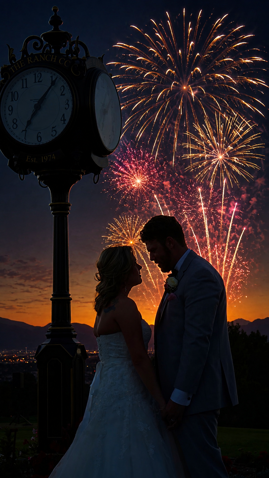 Bride and groom holding hands at sunset as gold and pink aerial fireworks shells break above an Arizona wedding venue