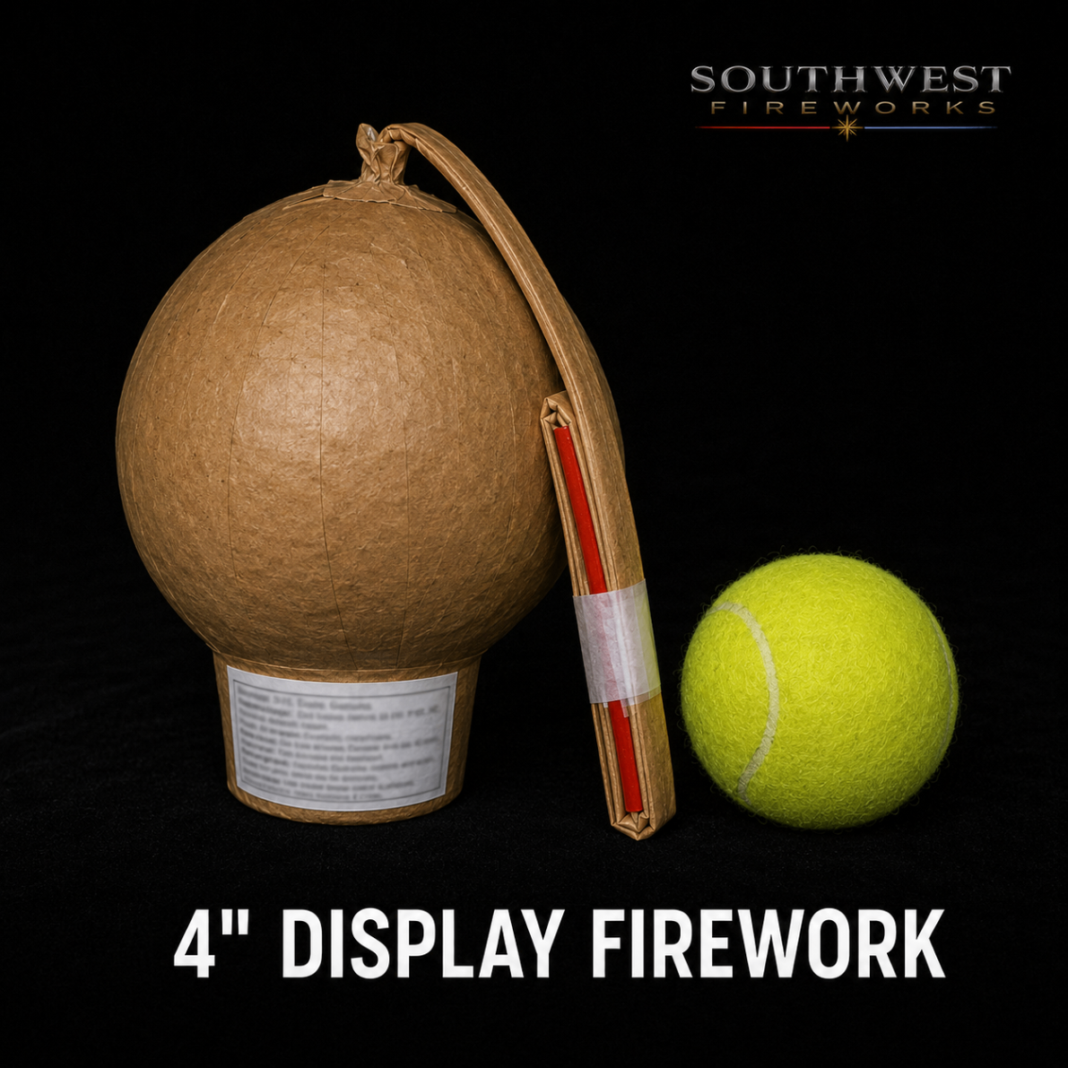 4" professional display fireworks shell shown next to a tennis ball for scale