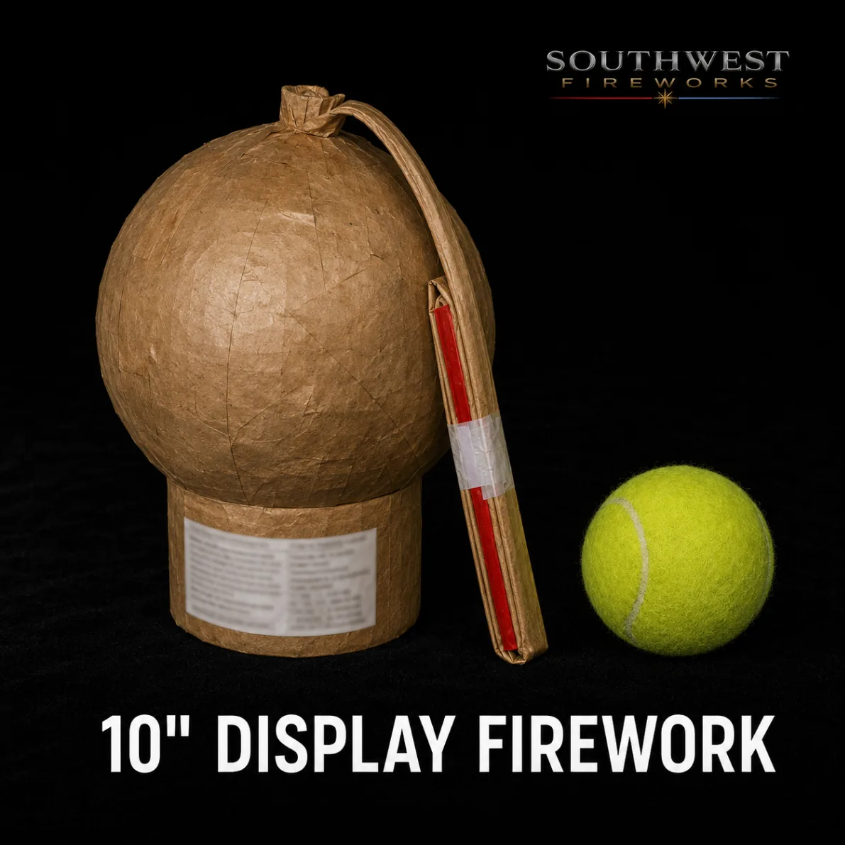 10" professional display fireworks shell shown next to a tennis ball for scale