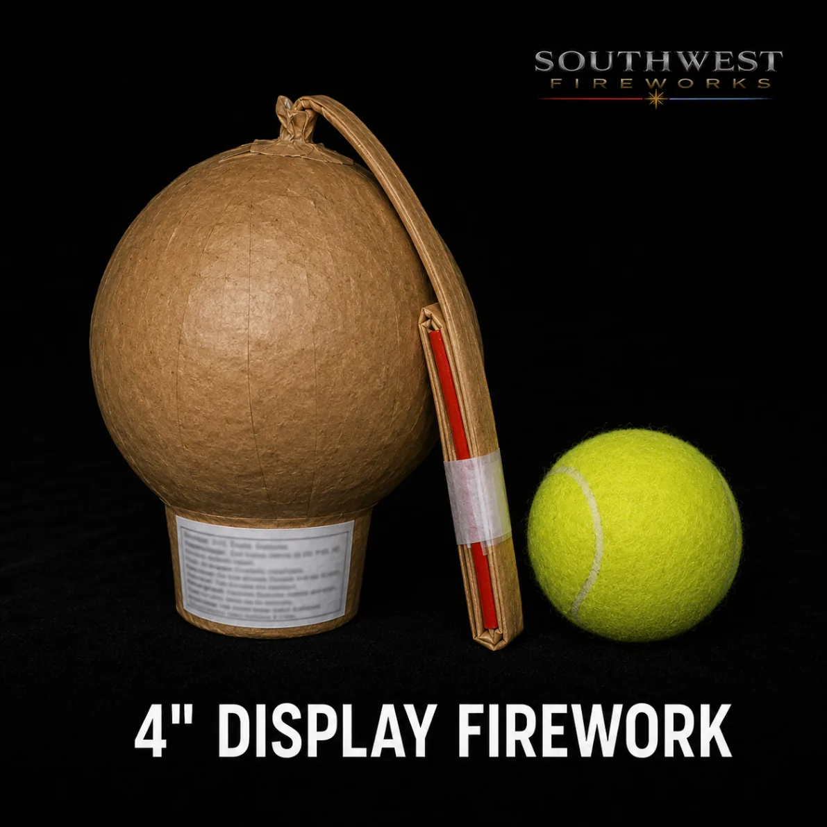 4" professional display fireworks shell shown next to a tennis ball for scale