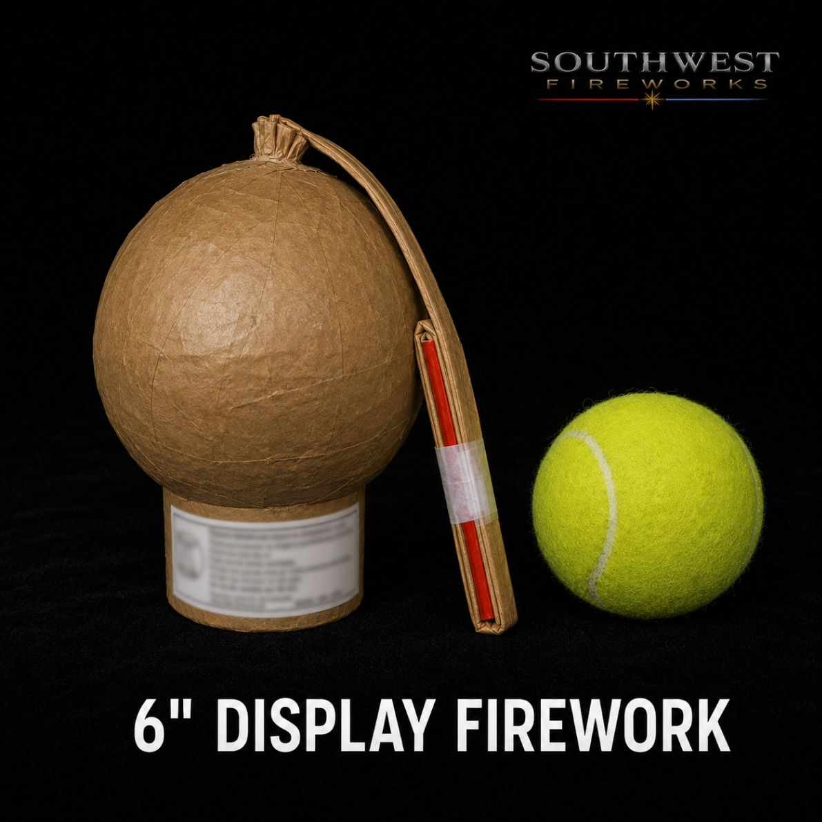 6" professional display fireworks shell shown next to a tennis ball for scale