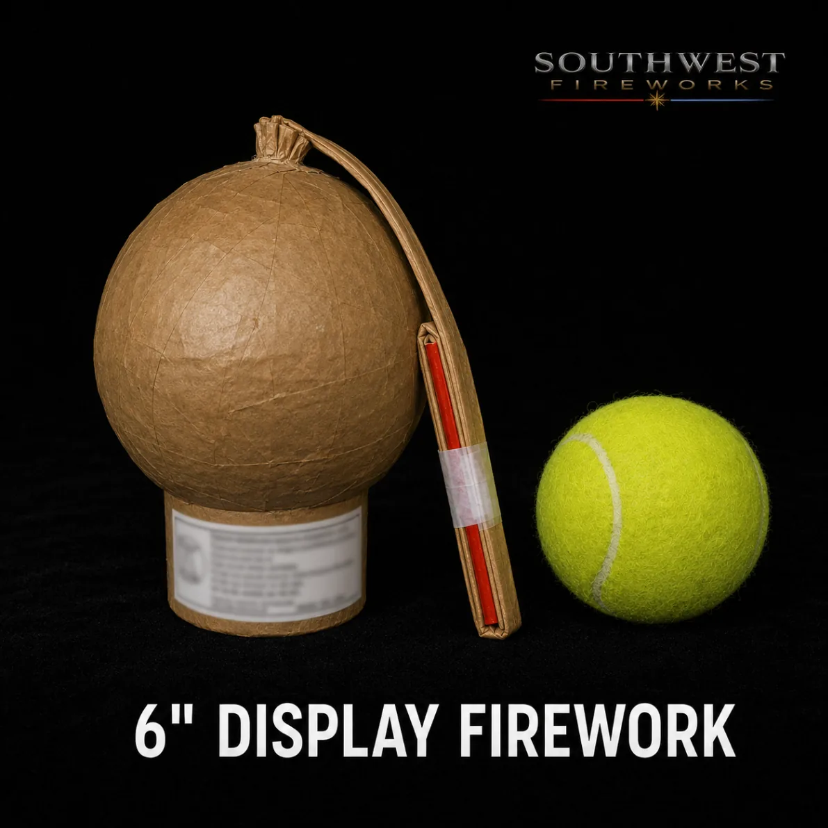 6" professional display fireworks shell shown next to a tennis ball for scale