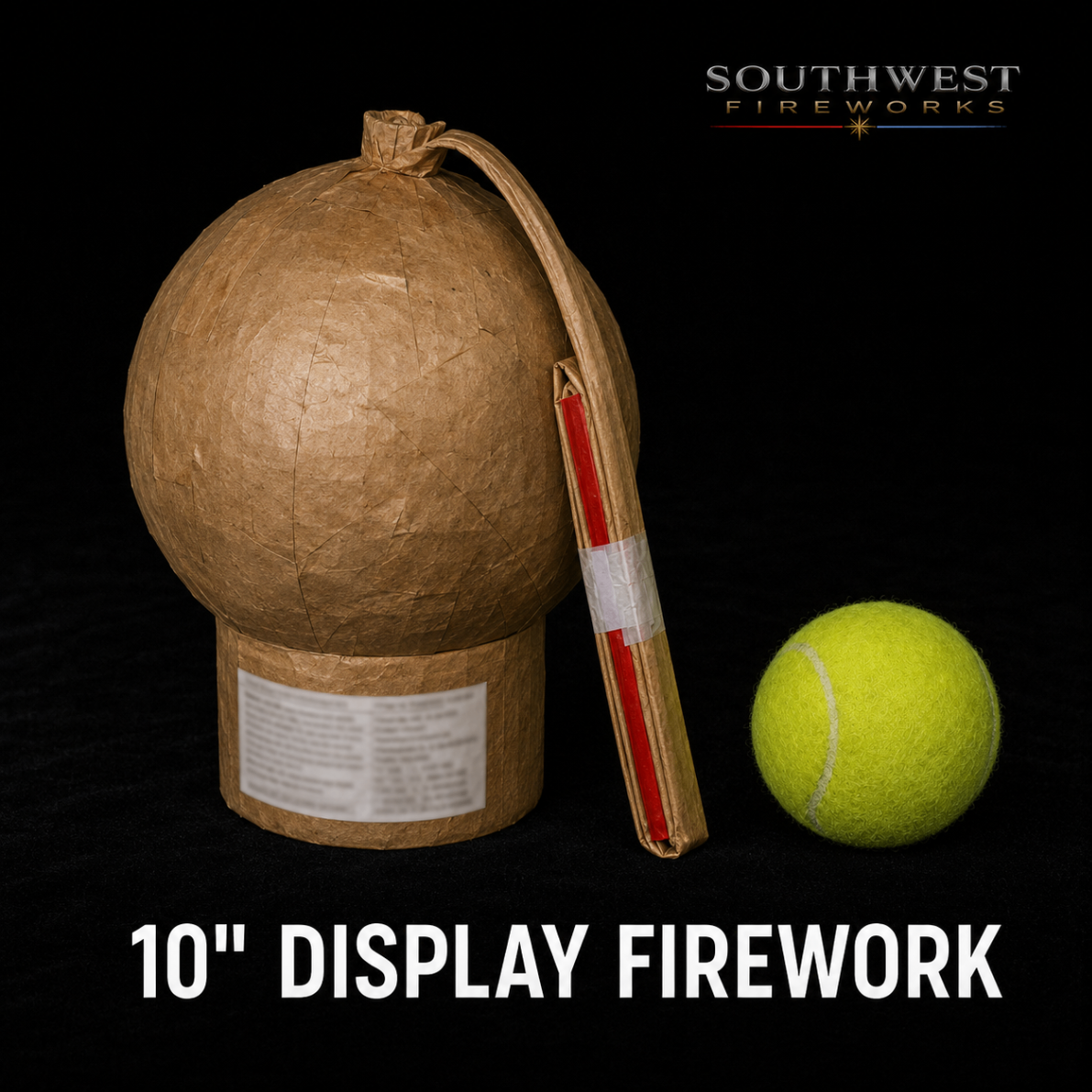 10" professional display fireworks shell shown next to a tennis ball for scale
