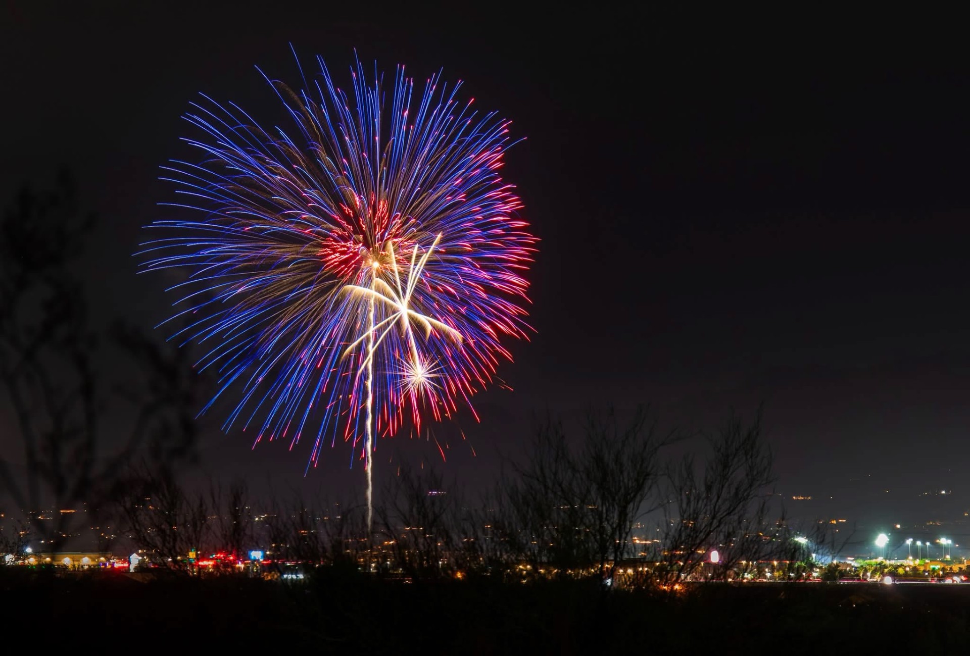 Large red, white, and blue aerial fireworks shell bursting above a city skyline at night