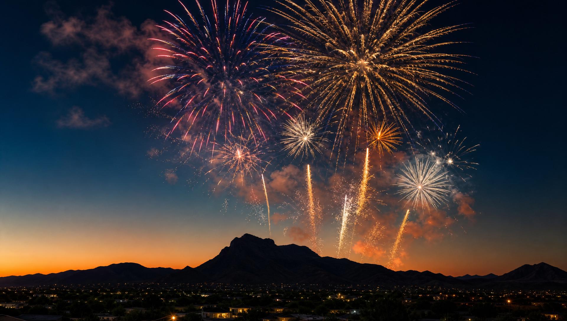 Professional fireworks display bursting above Camelback Mountain at Arizona twilight