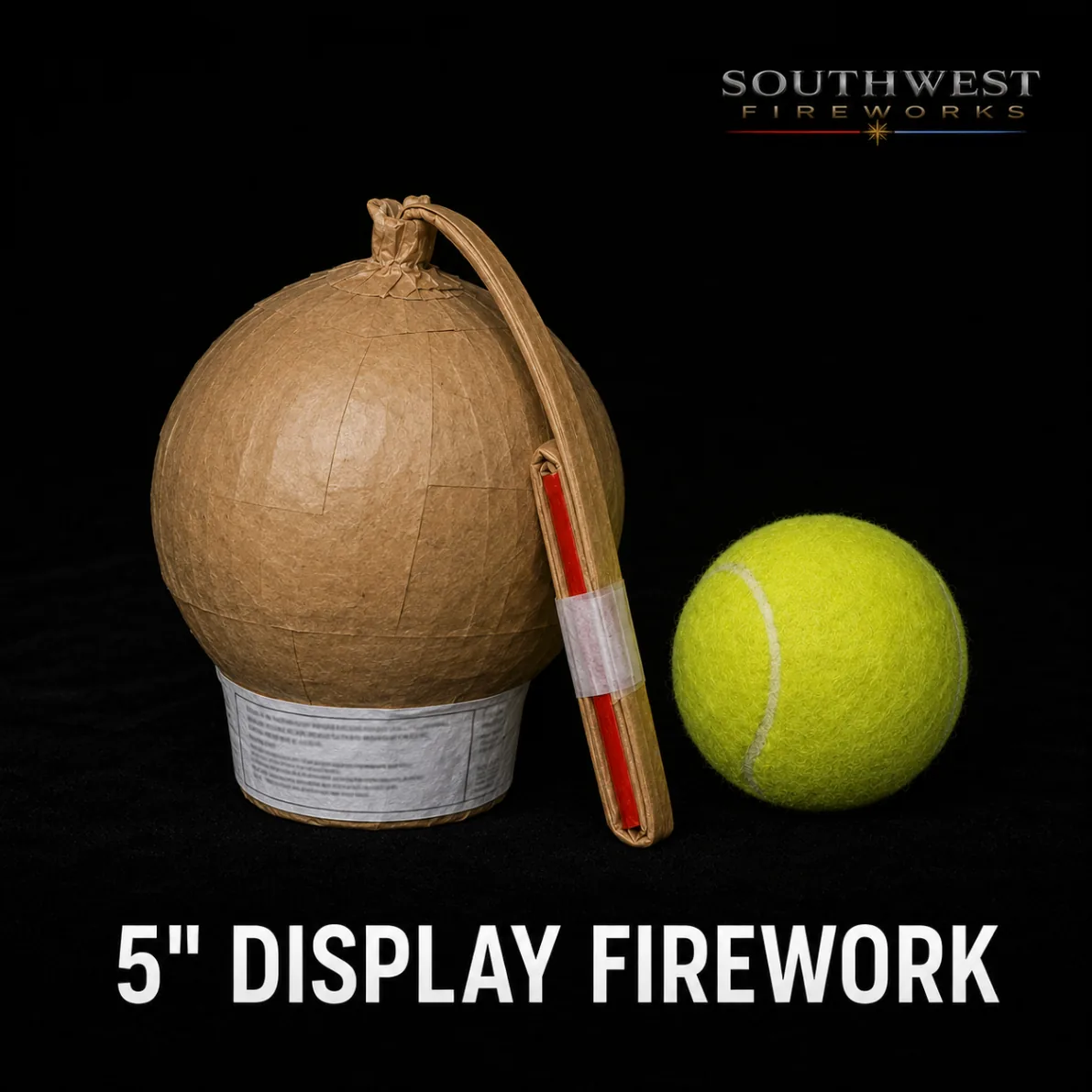 5" professional display fireworks shell shown next to a tennis ball for scale