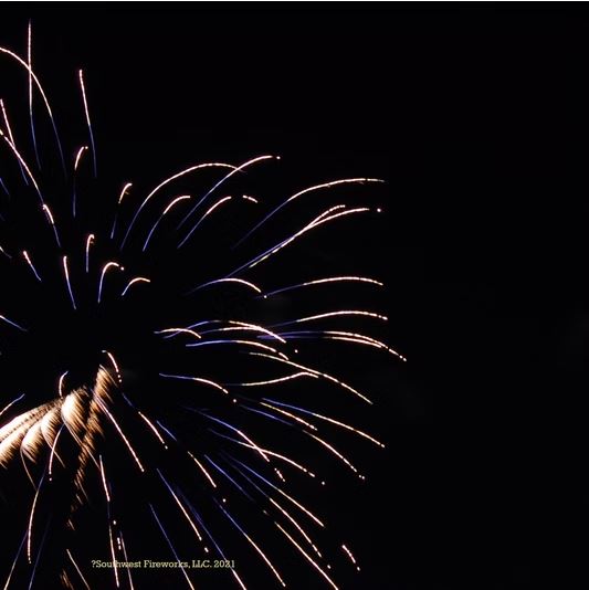 Close-up of a large gold and blue chrysanthemum fireworks shell breaking across the night sky with long trailing sparks