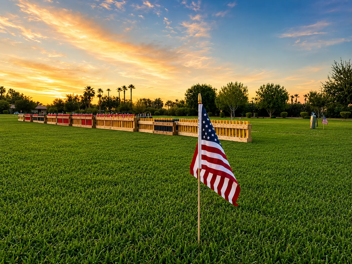 American flag in the foreground with a long line of loaded fireworks mortar racks on a green field at sunset before a professional Independence Day display